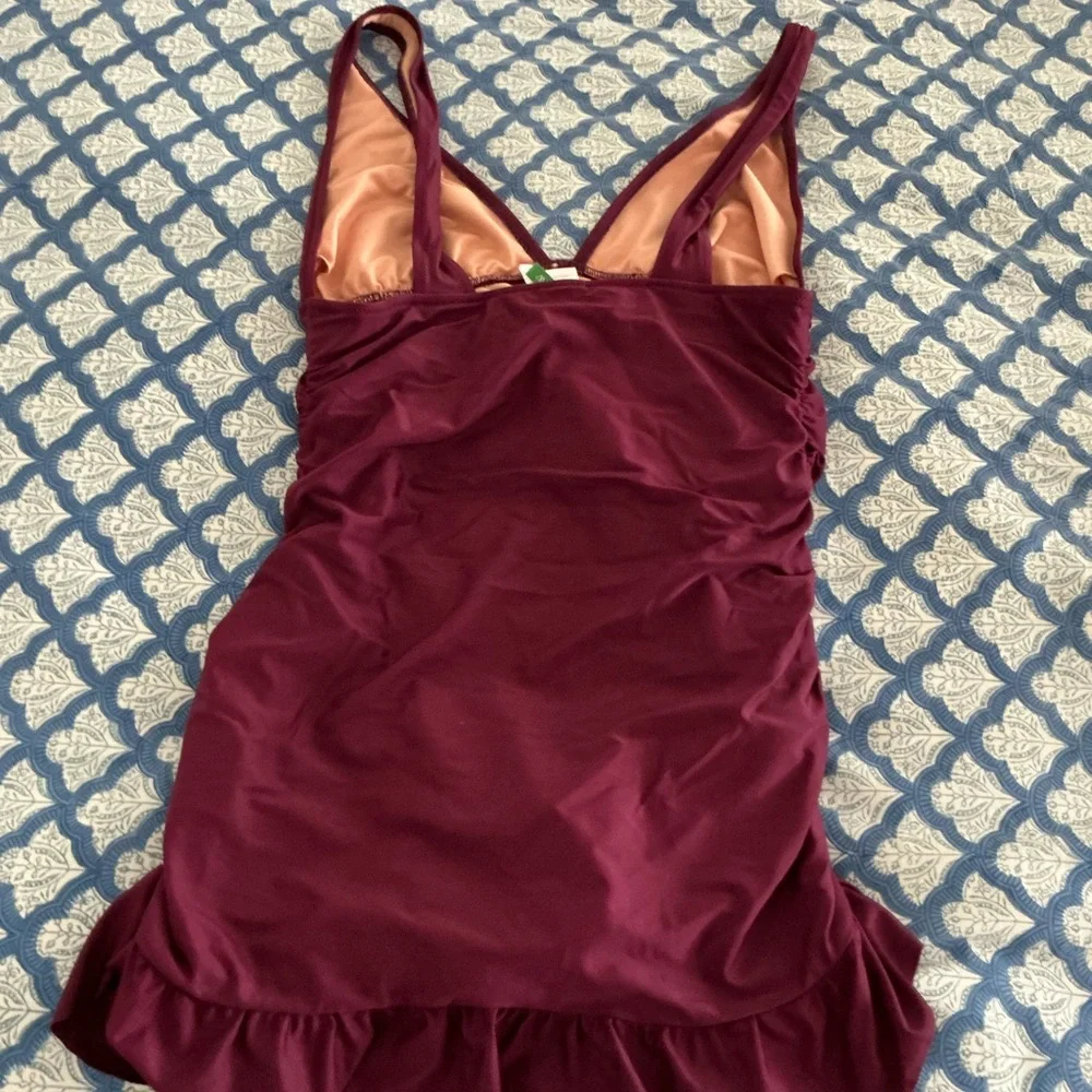 J. Crew Ruched Swim Dress burgundy one piece skirt sz 12 swimsuit - Picture 4 of 6